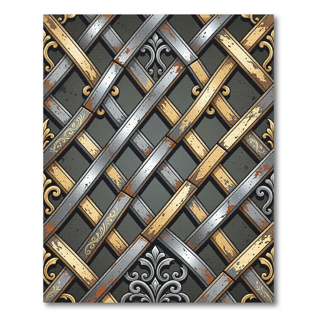 Ornate Gold Silver Interlocking Lattice Rug