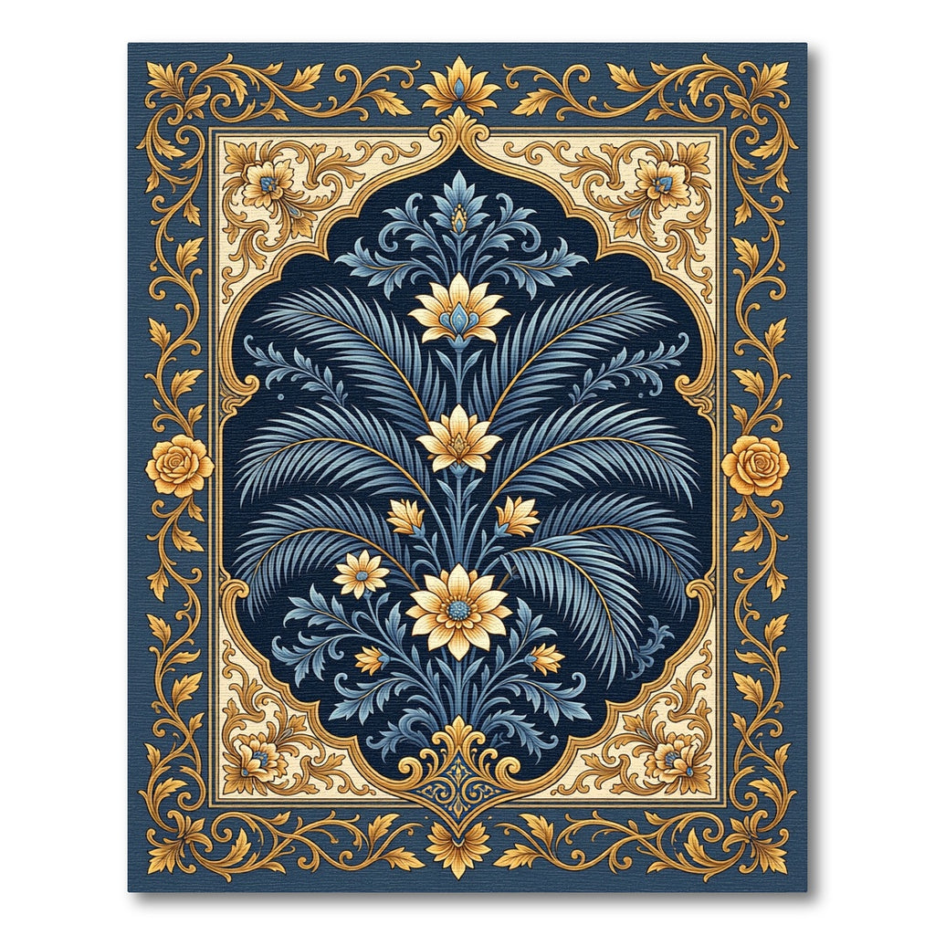 Elegant Navy Blue Golden Botanical Rug