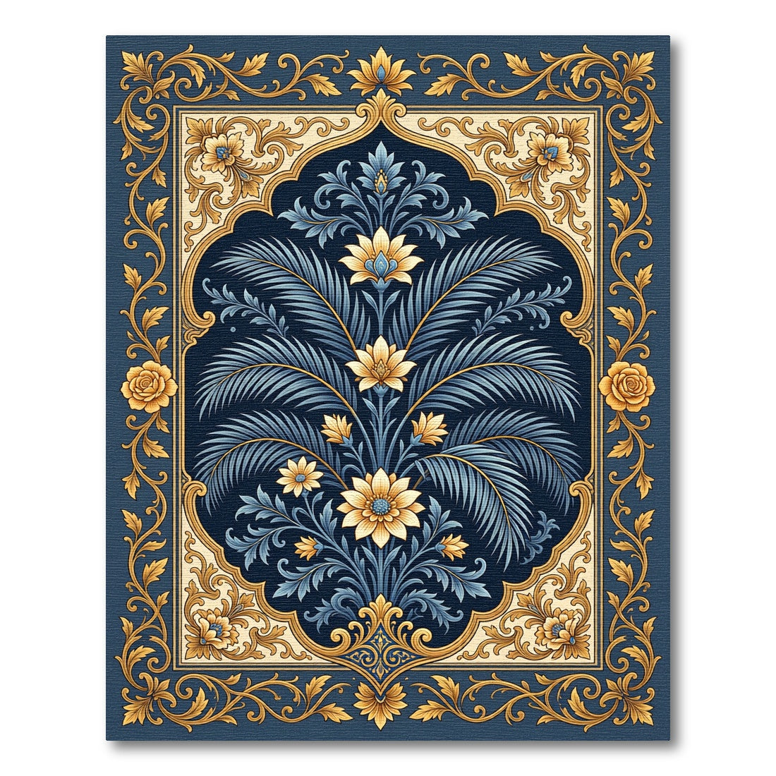 Elegant Navy Blue Golden Botanical Rug