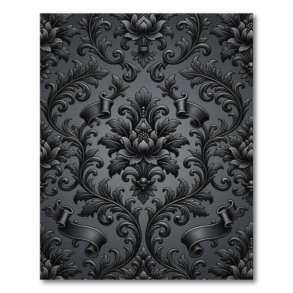 Ornate Dark Gray Floral Scroll Rug