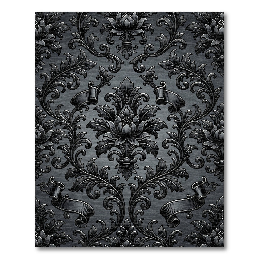 Ornate Dark Gray Floral Scroll Rug