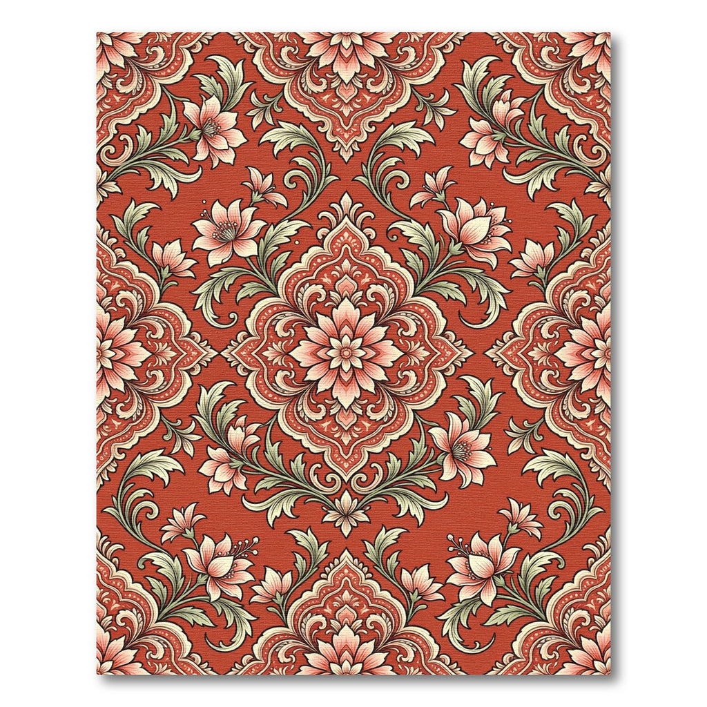Coral Floral Damask Scrolling Vines Rug