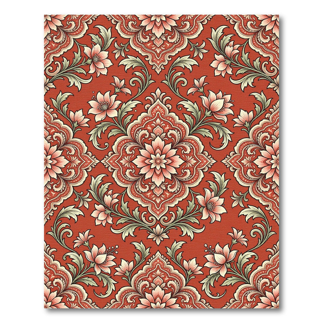Coral Floral Damask Scrolling Vines Rug