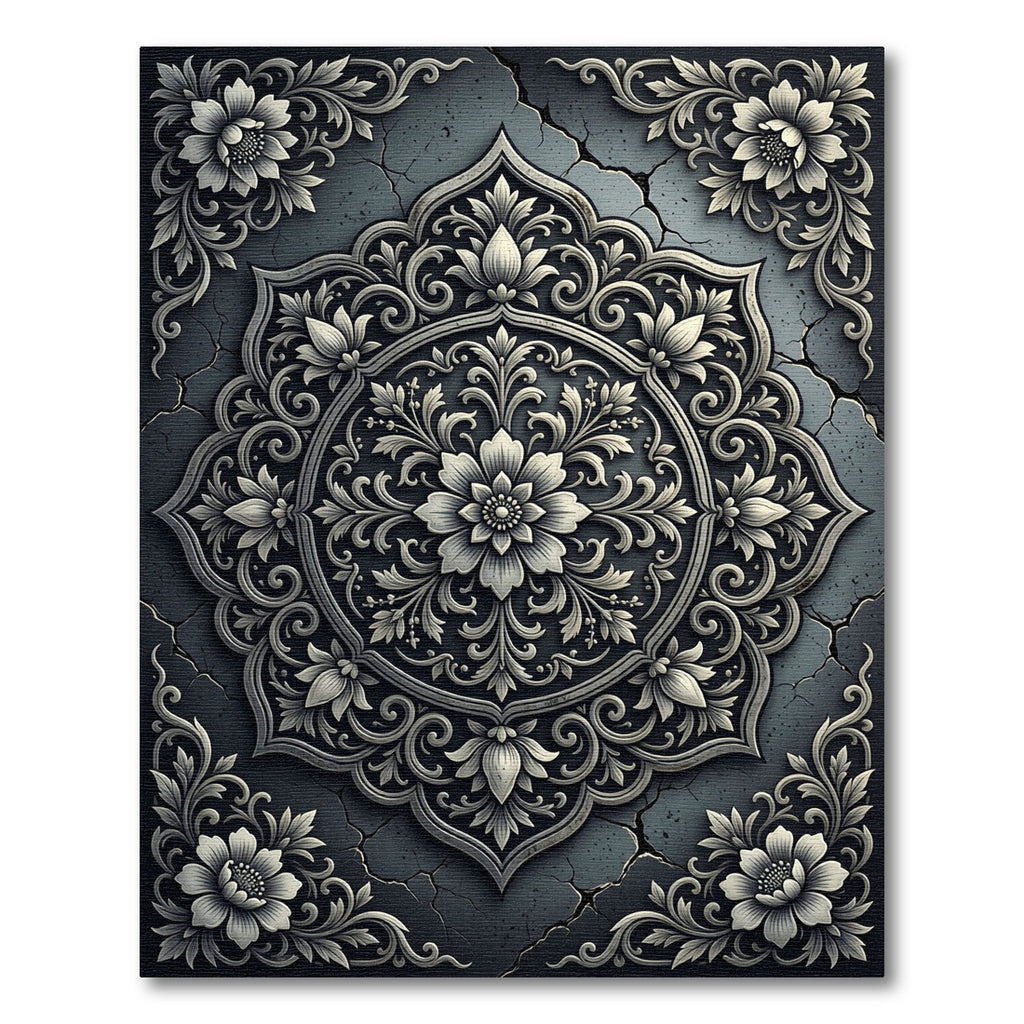 Ornate Gray Floral Mandala Relief Rug