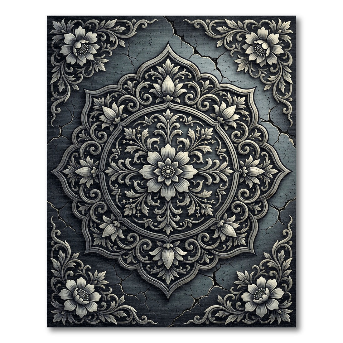 Ornate Gray Floral Mandala Relief Rug