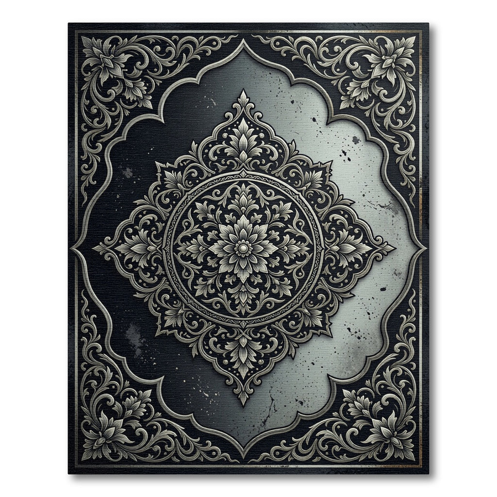 Elegant Charcoal Silver Floral Medallion Rug