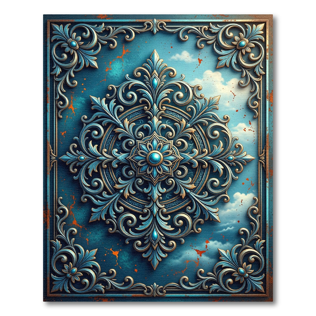 Ornate Blue Gold Celestial Filigree Rug