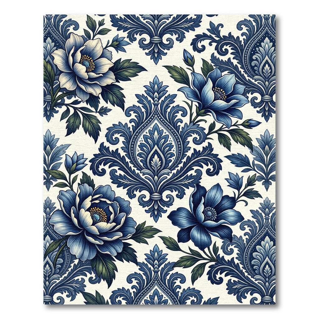Indigo Blue Floral Damask Art Rug