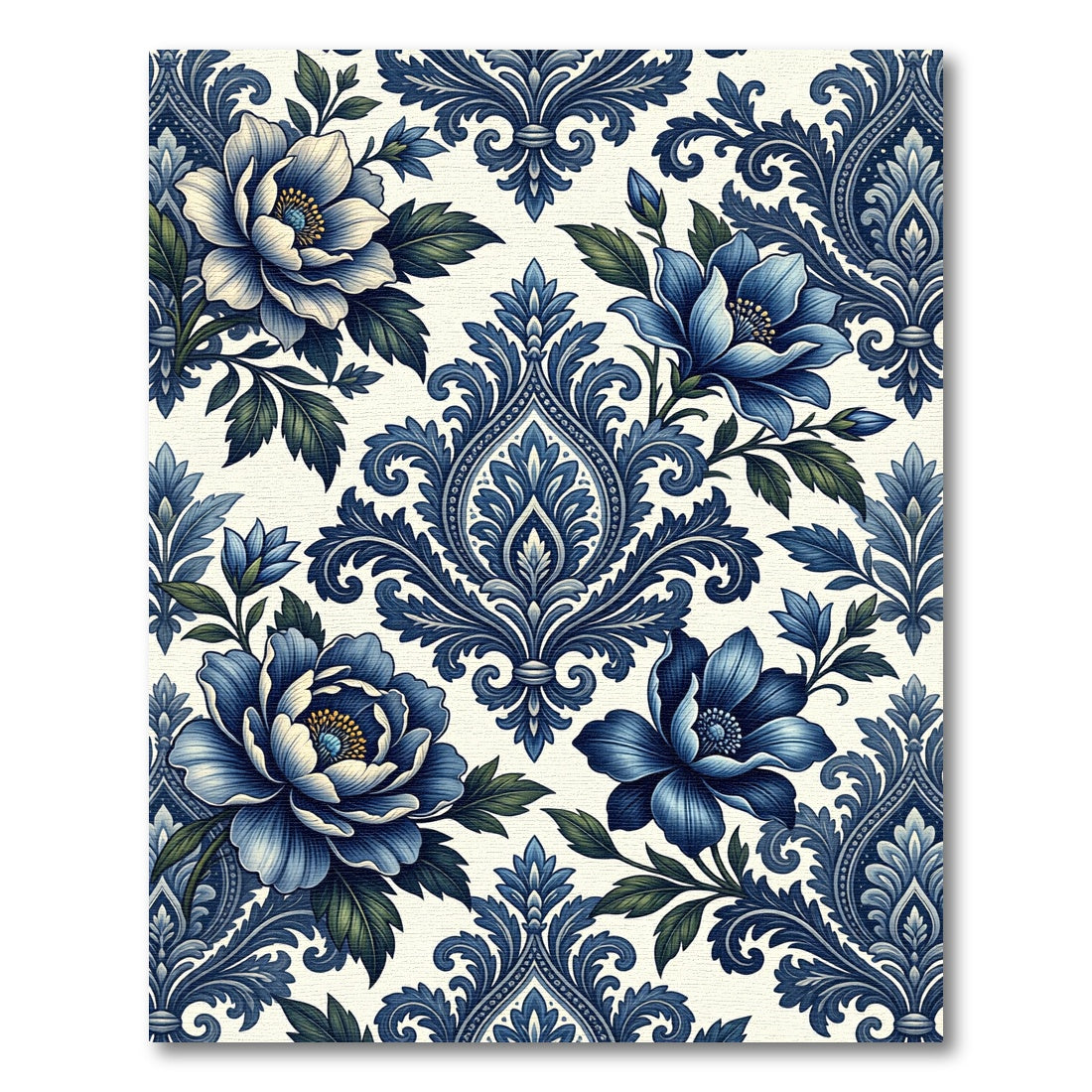 Indigo Blue Floral Damask Art Rug