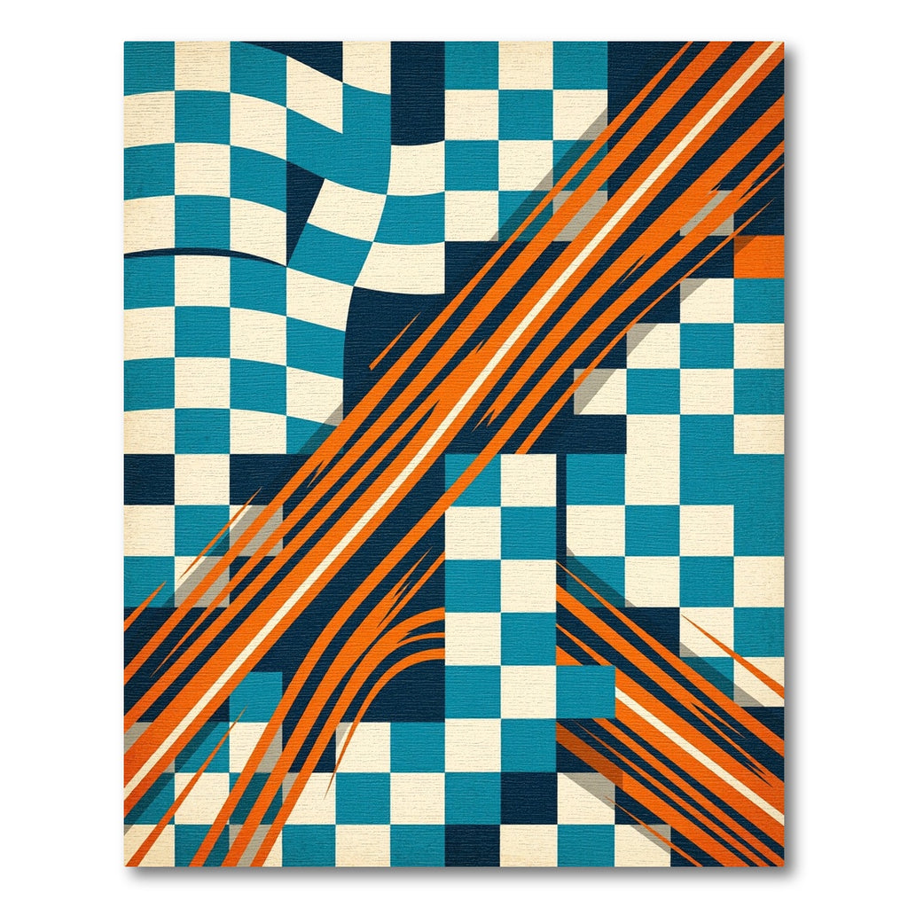 Mid-Century Teal Orange Checkered Streamline Rug