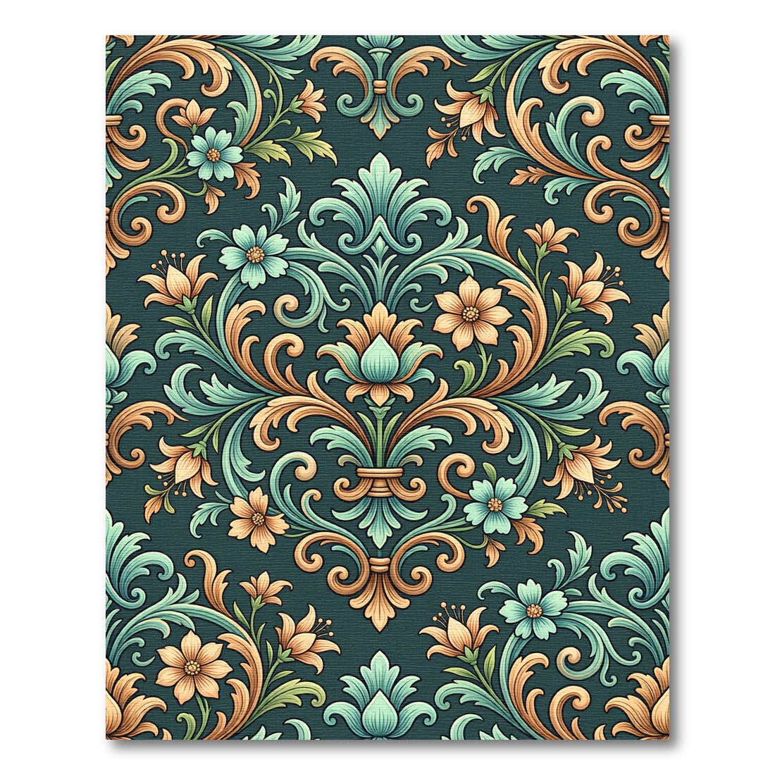 Elegant Teal and Gold Floral Damask Rug