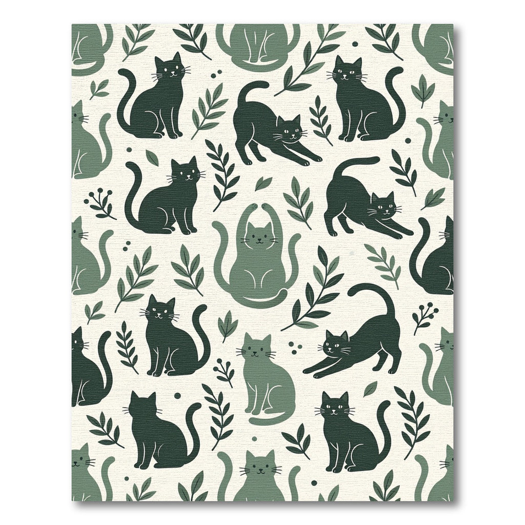 Whimsical Forest Green Botanical Cat Illustration Rug