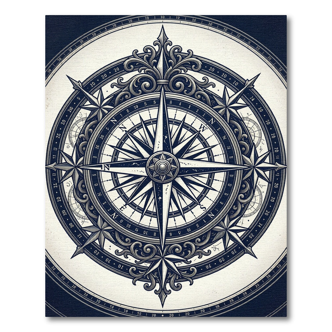 Ornate Navy Nautical Compass Medallion Rug