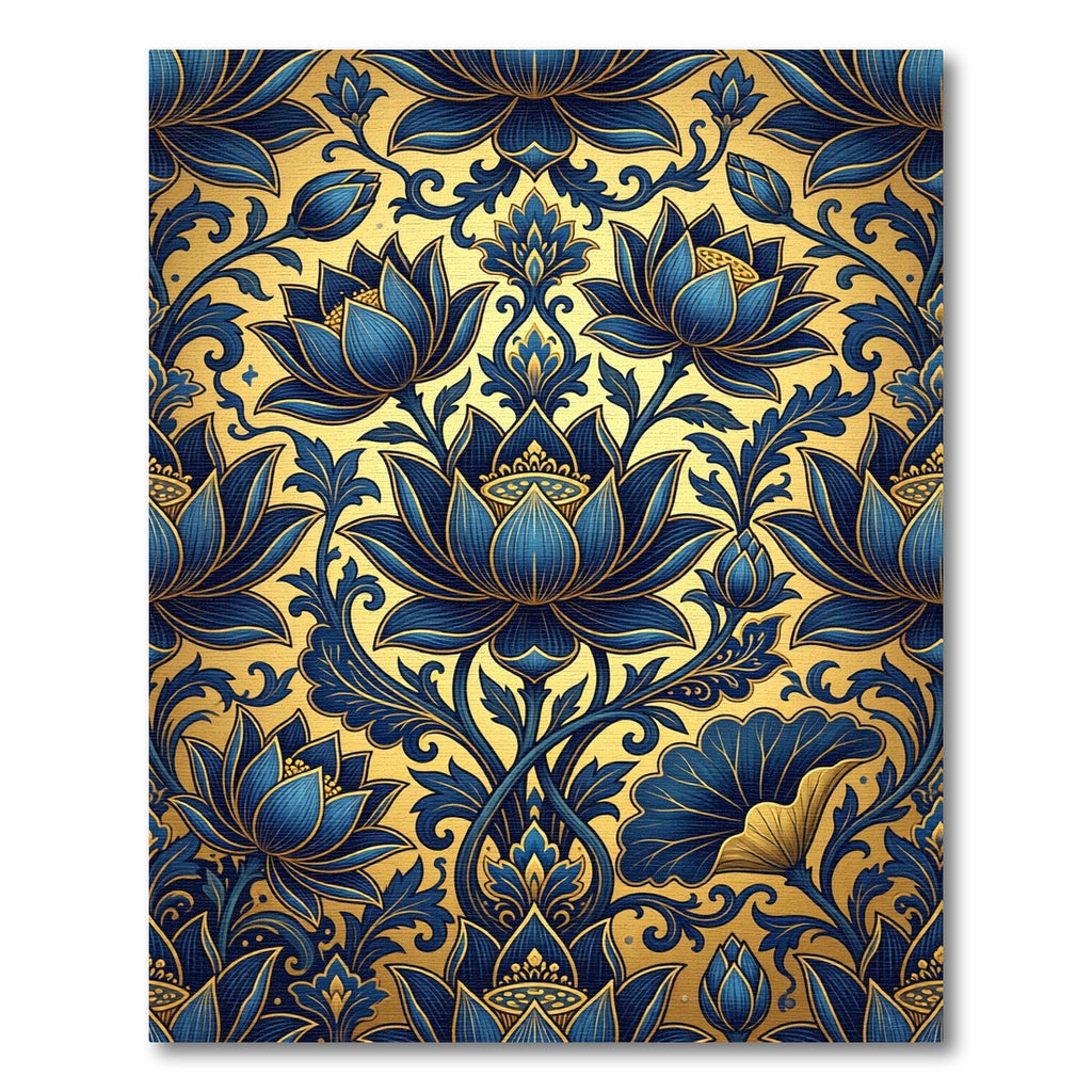 Royal Blue Lotus Gold Floral Art Rug