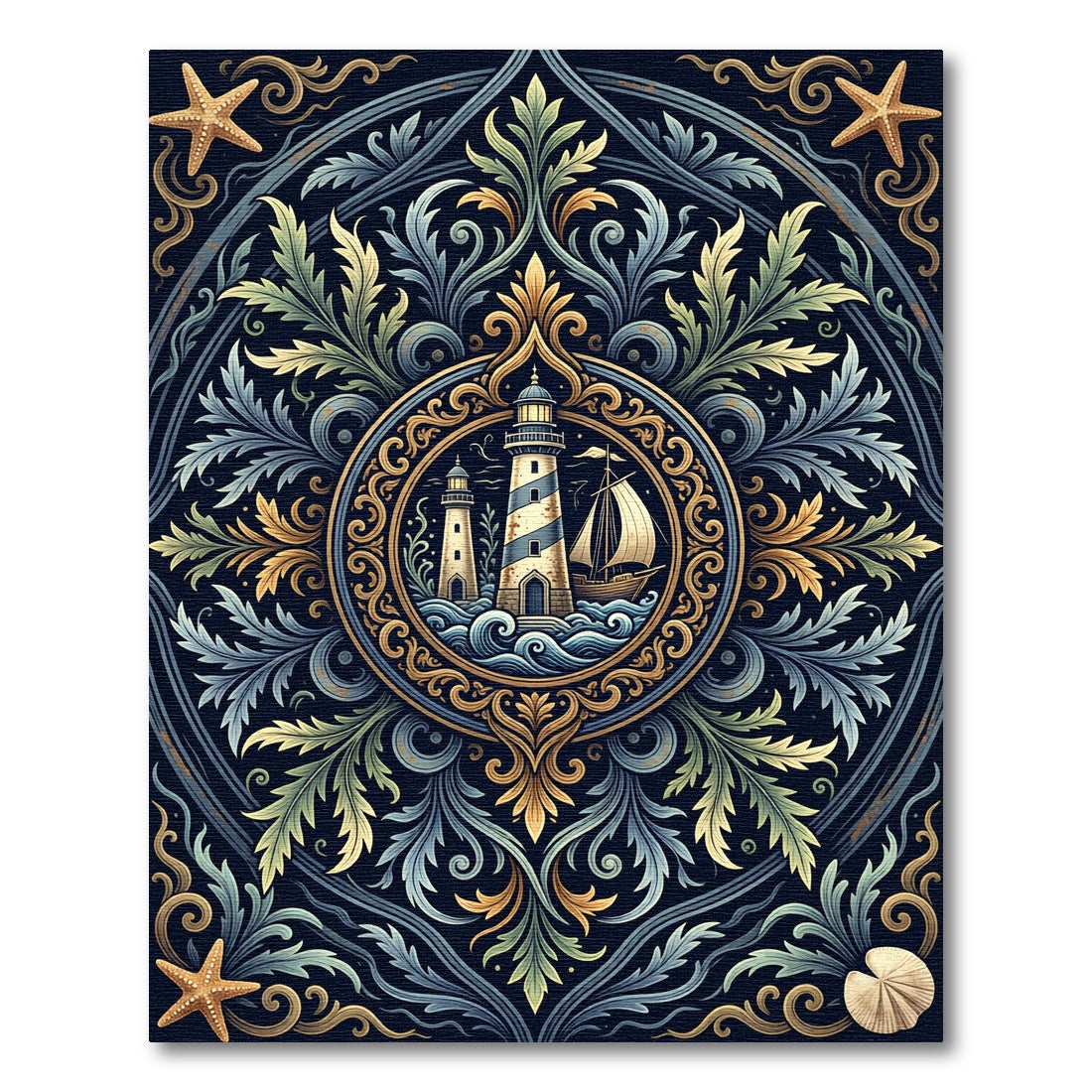 Coastal Nautical Lighthouse Ornate Medallion Rug