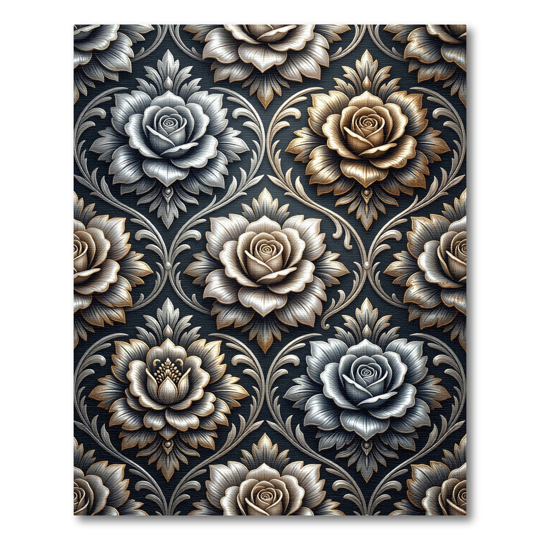 Metallic Silver and Gold Rose Damask Rug