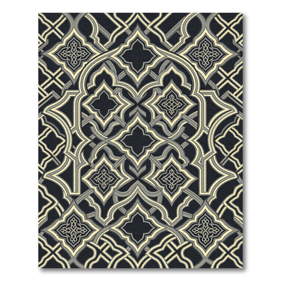 Elegant Charcoal and Cream Interlocking Geometric Lattice Rug