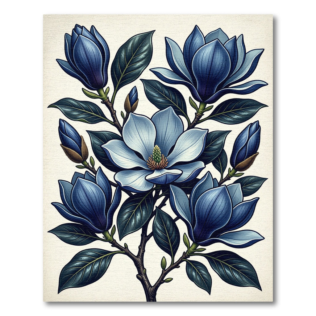 Elegant Navy Magnolia Botanical Illustration Rug