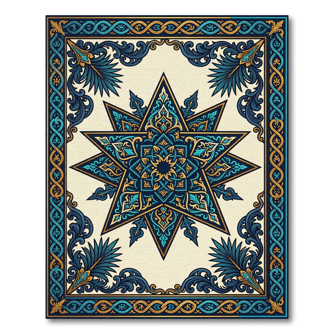 Intricate Teal Gold Star Border Rug