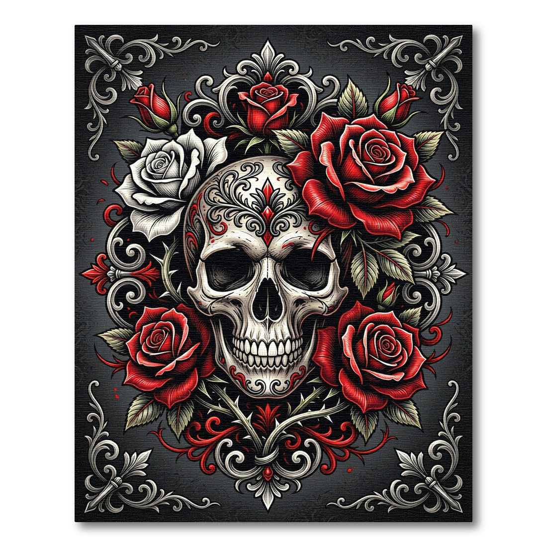 Gothic Skull with Red Roses Ornament Rug