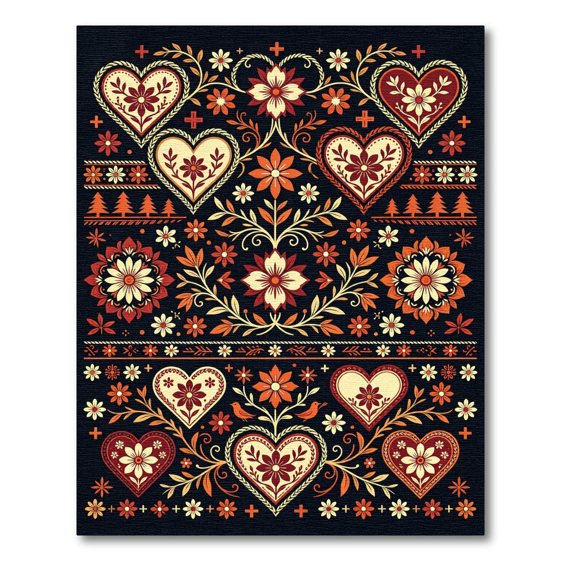 Crimson Ivory Folk Heart Floral Garden Rug