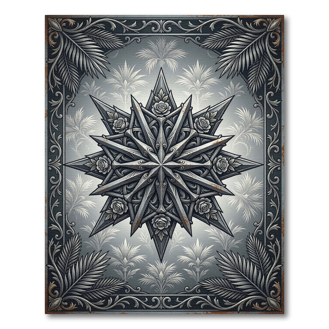 Gothic Silver Rose Star Medallion Rug