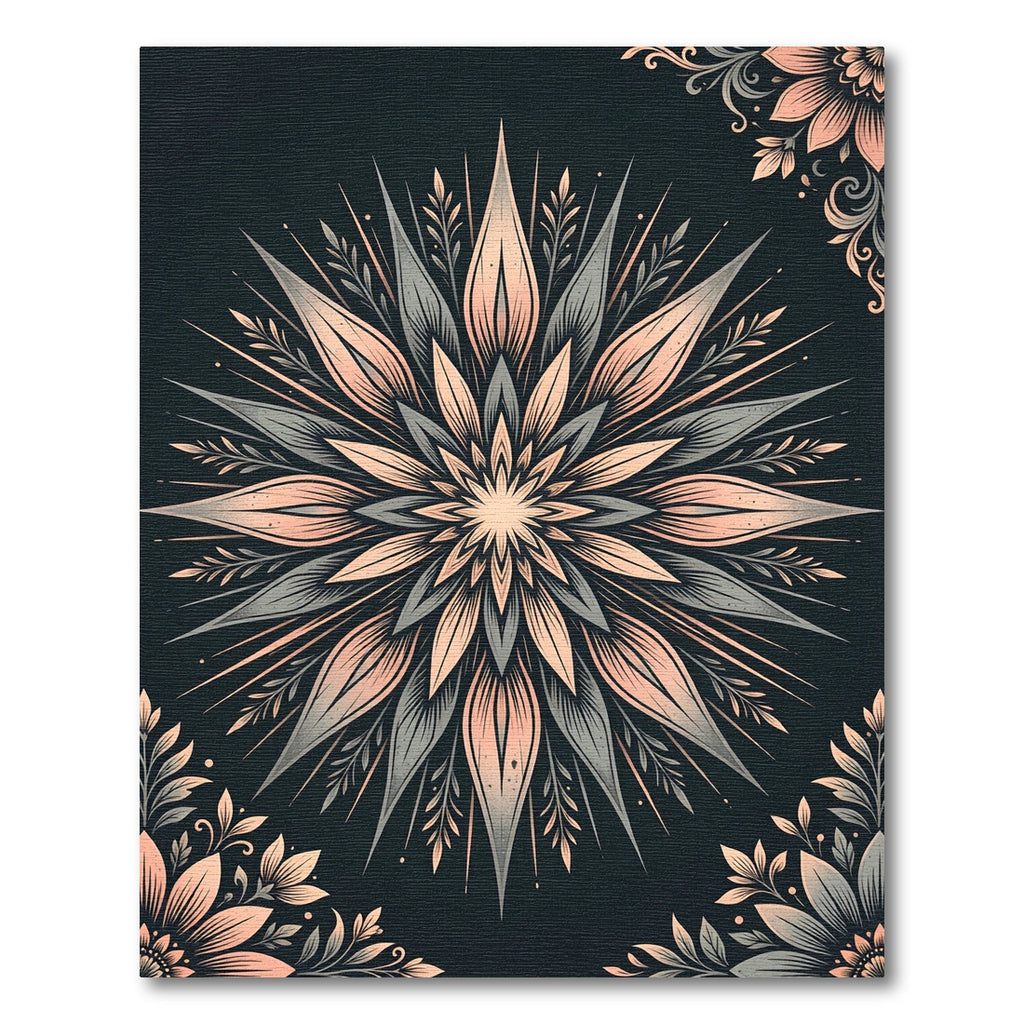 Peach Gray Starburst Floral Mandala Rug