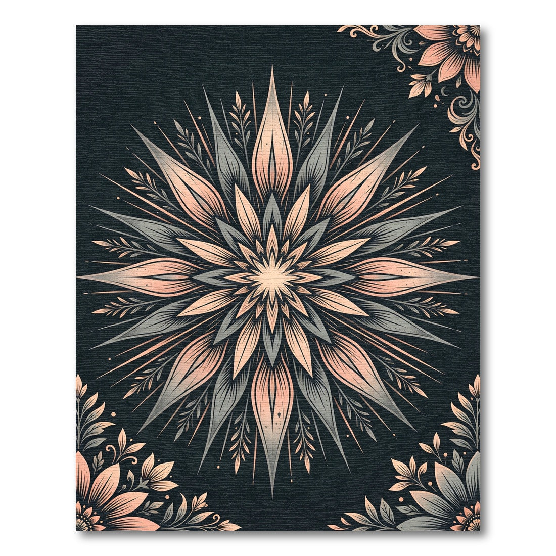 Peach Gray Starburst Floral Mandala Rug