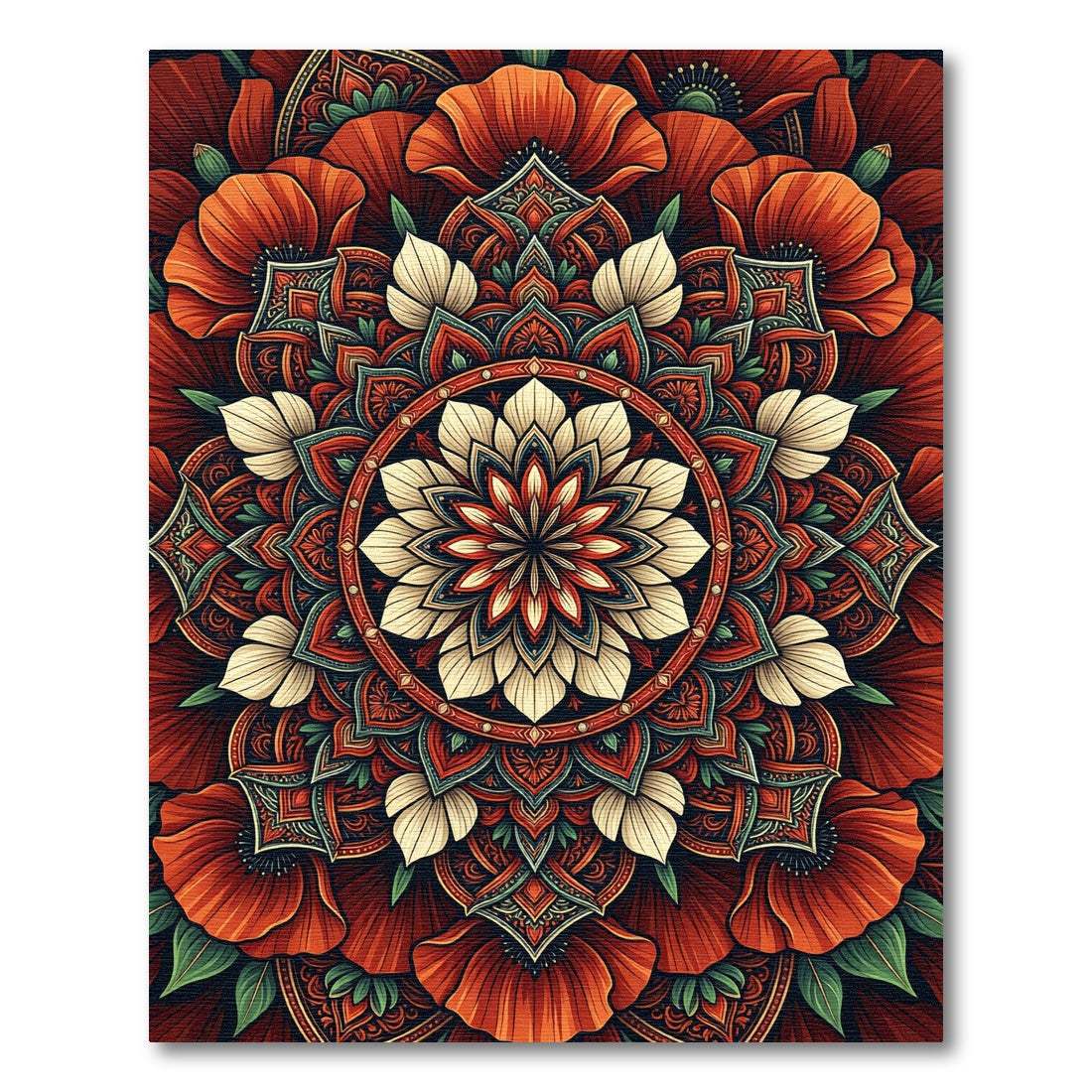 Vibrant Red Orange Floral Mandala Rug