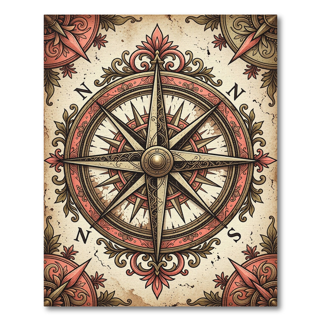 Antique Rose Compass Rose Medallion Rug