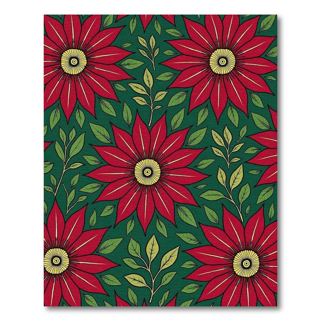 Vibrant Red Starburst Floral Green Rug