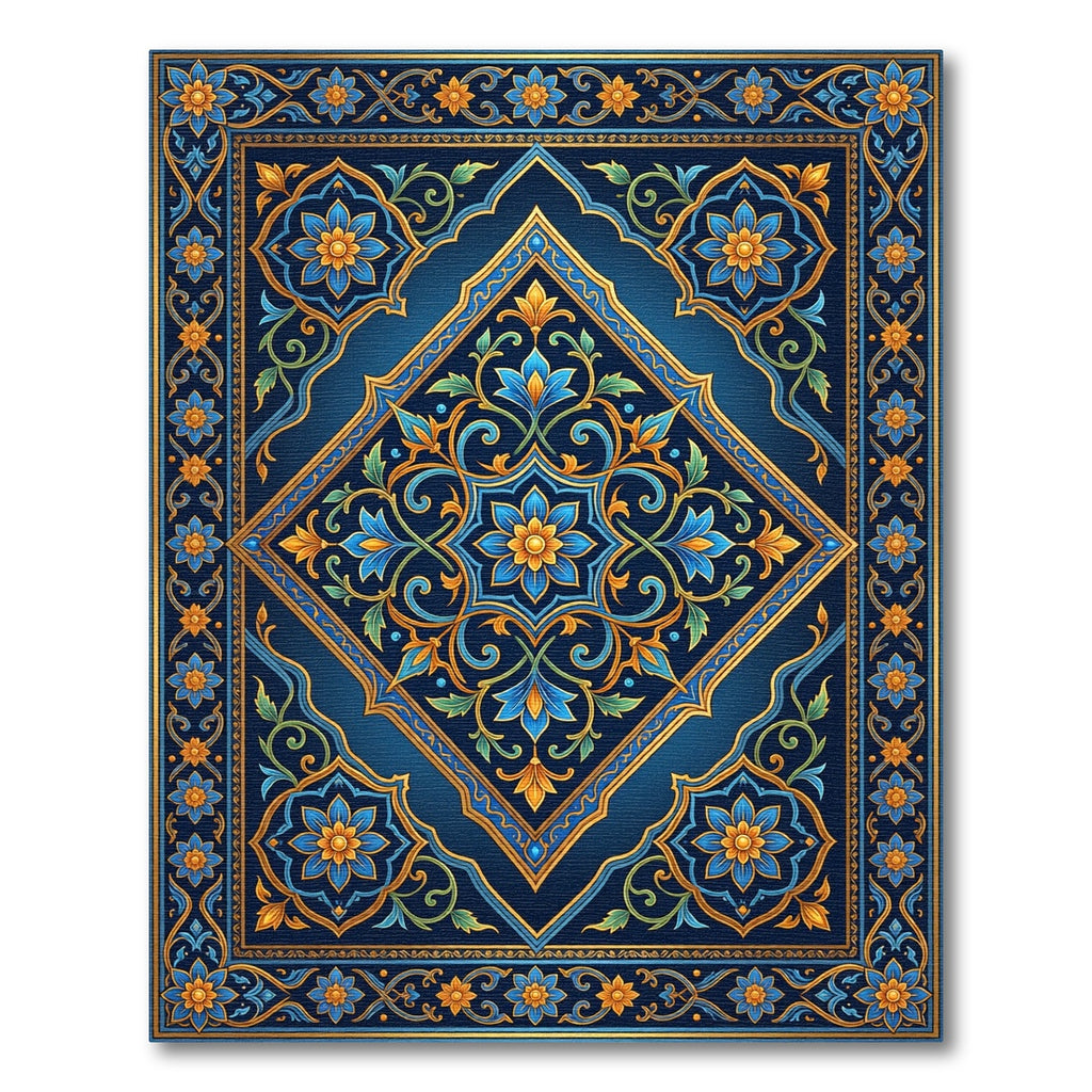 Royal Blue Golden Floral Diamond Medallion Rug