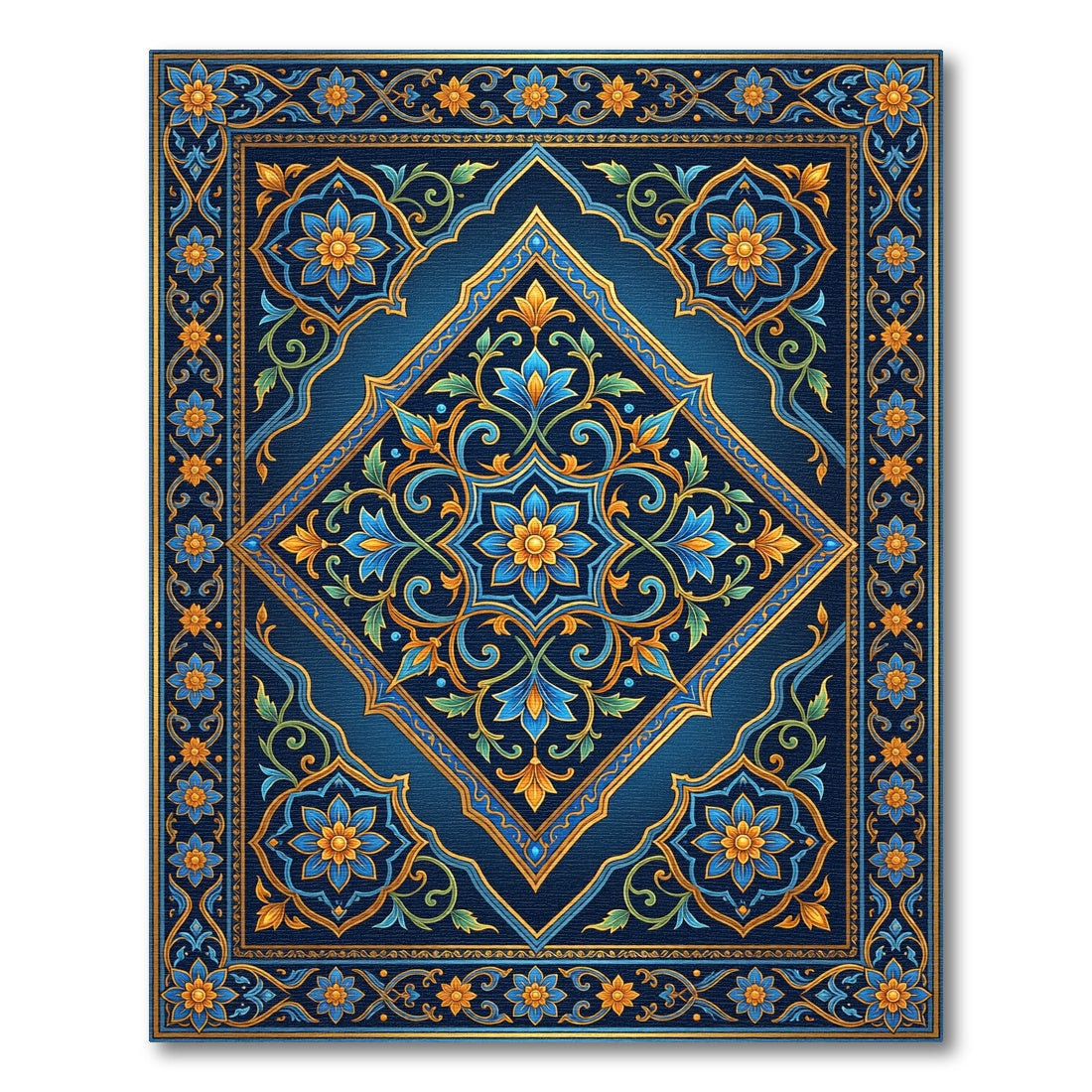 Royal Blue Golden Floral Diamond Medallion Rug