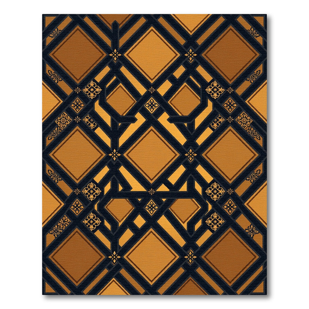 Ornate Golden Geometric Lattice Ebony Trim Rug