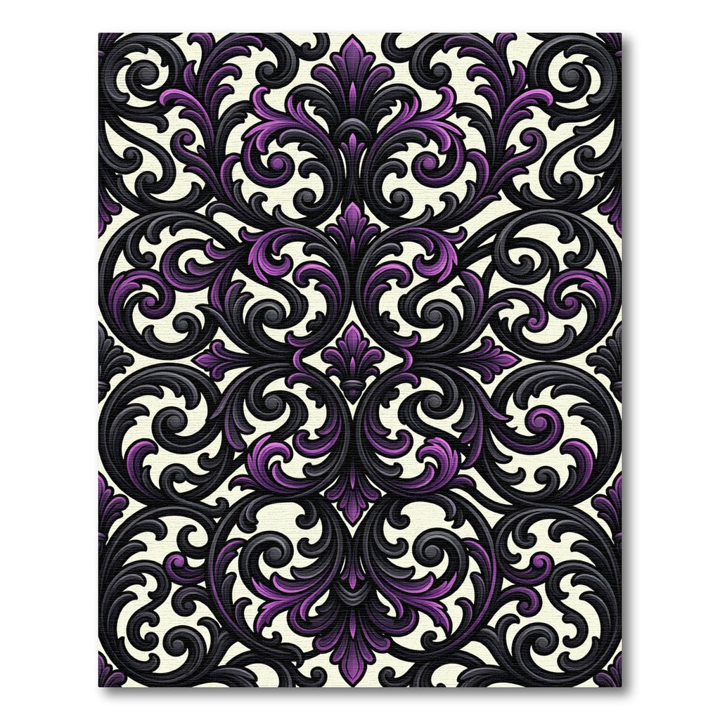 Elegant Black and Purple Baroque Scroll Rug