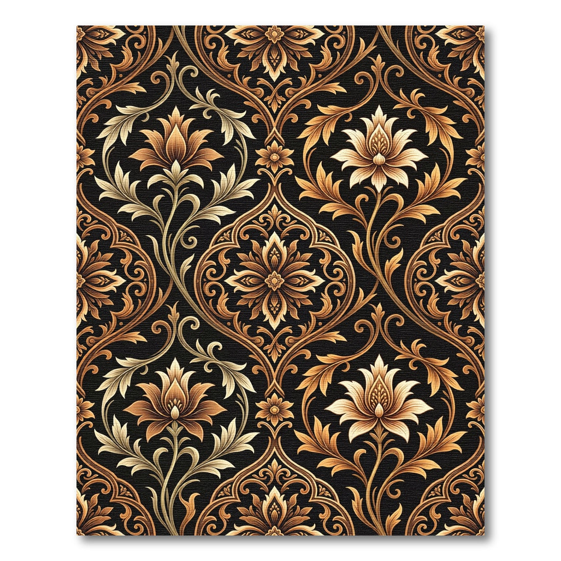 Ornate Gold Damask Floral Scroll Rug