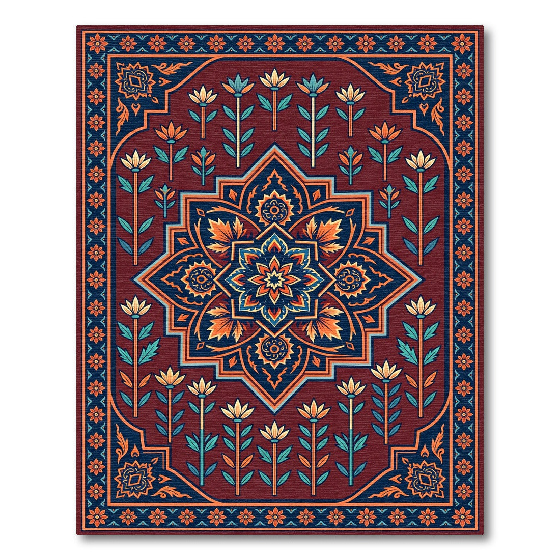 Crimson Navy Floral Medallion Garden Rug
