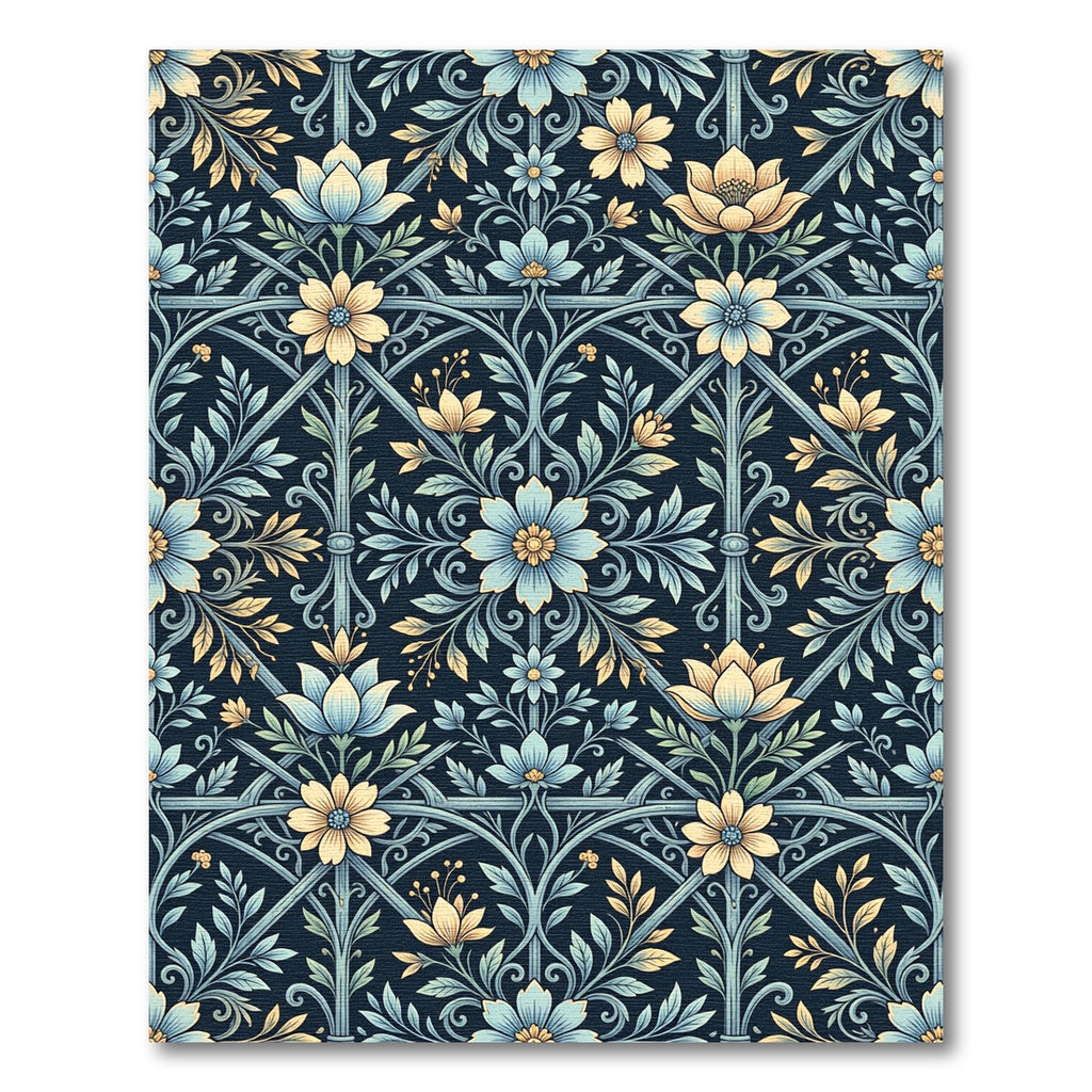Blue Floral Gilded Trellis Art Rug