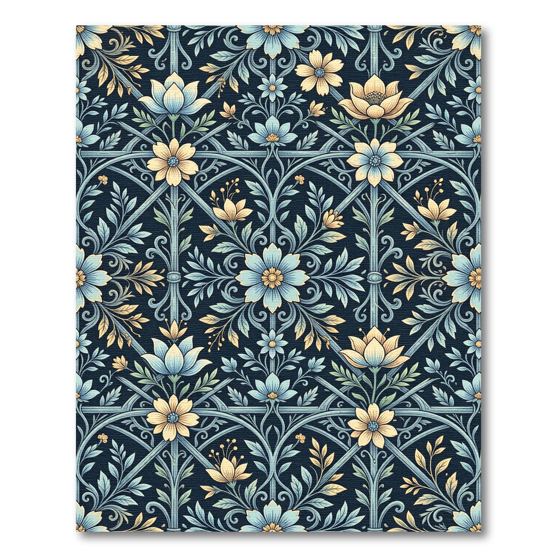 Blue Floral Gilded Trellis Art Rug