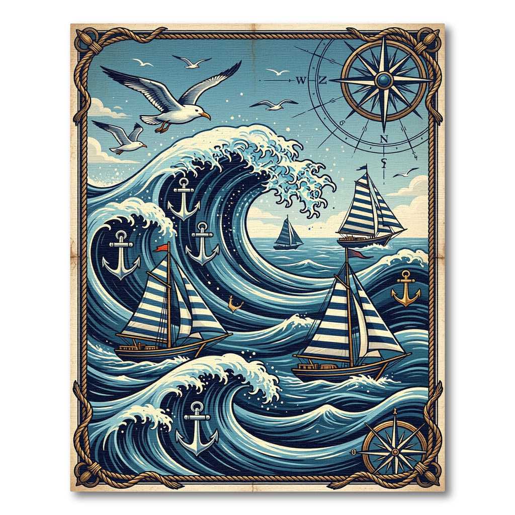 Nautical Compass Blue Wave Sailboat Art Rug