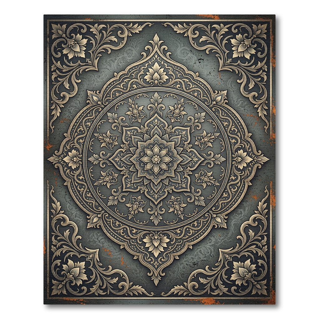 Ornate Slate Charcoal Golden Floral Medallion Rug