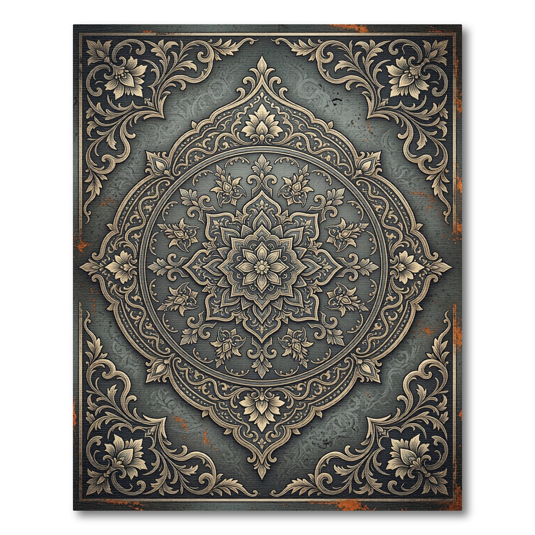 Ornate Slate Charcoal Golden Floral Medallion Rug