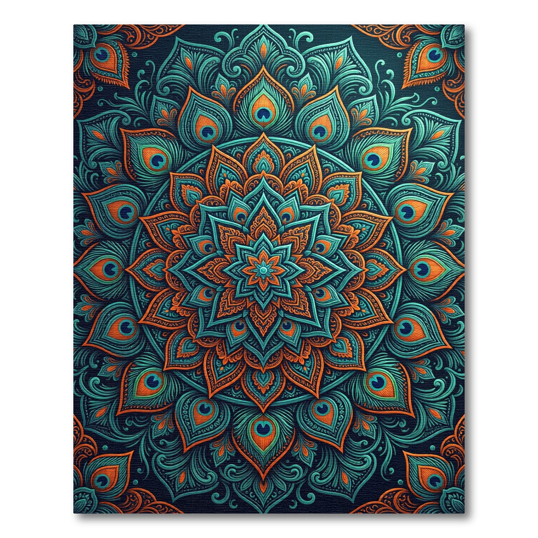 Teal and Orange Peacock Feather Mandala Rug
