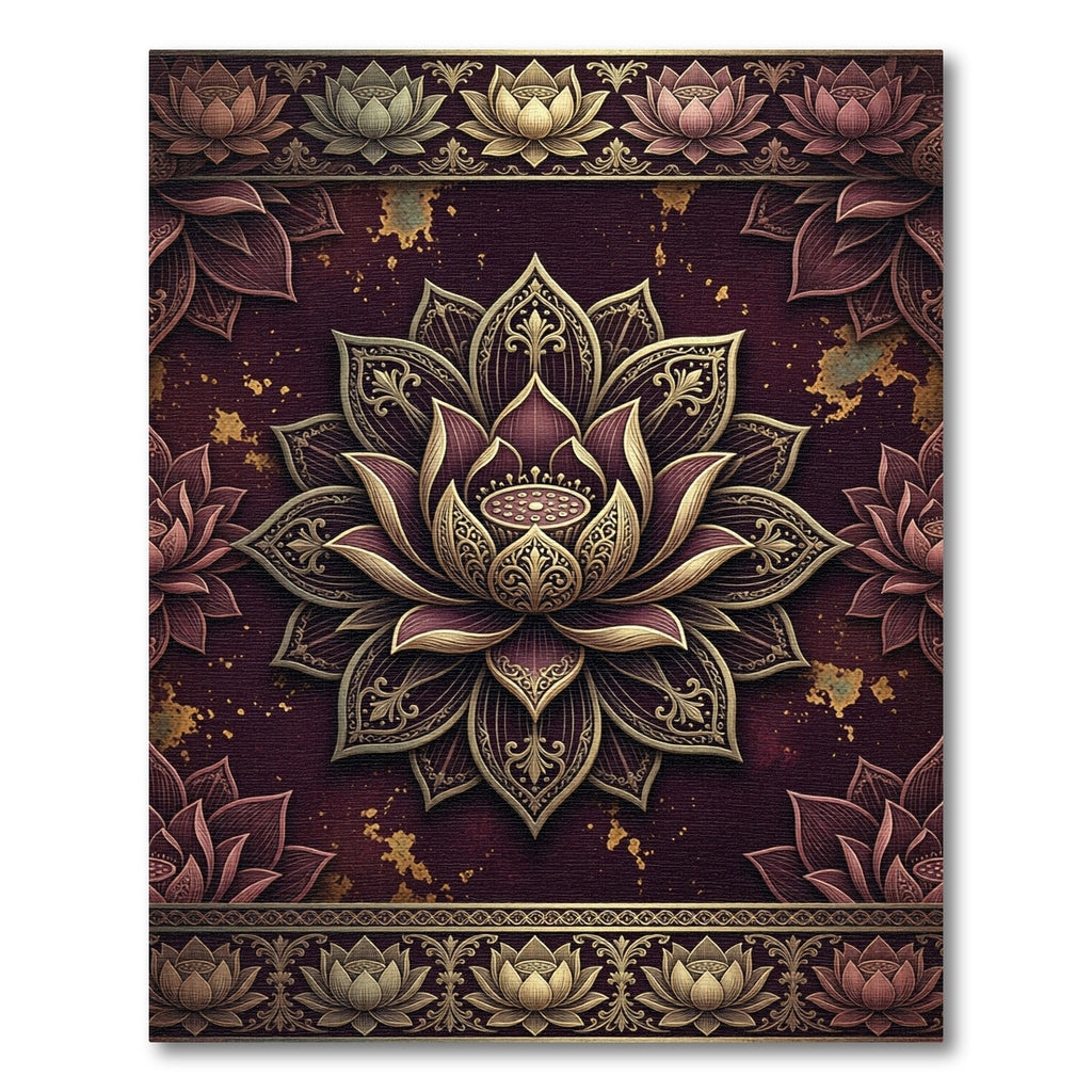 Ornate Burgundy Gold Lotus Mandala Rug