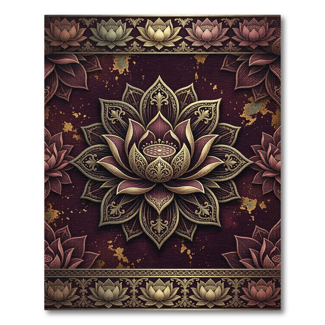 Ornate Burgundy Gold Lotus Mandala Rug