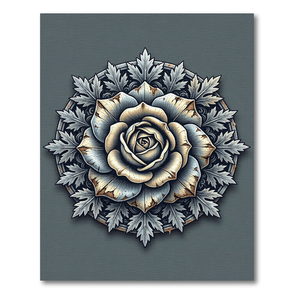 Antique Gray Rose Floral Medallion Rug