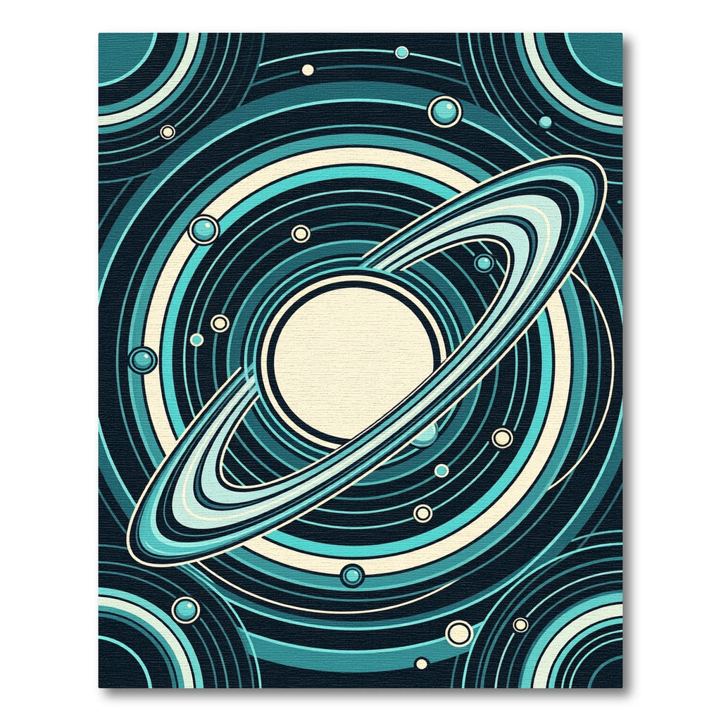 Teal Cosmic Ringed Planet Circular Rug