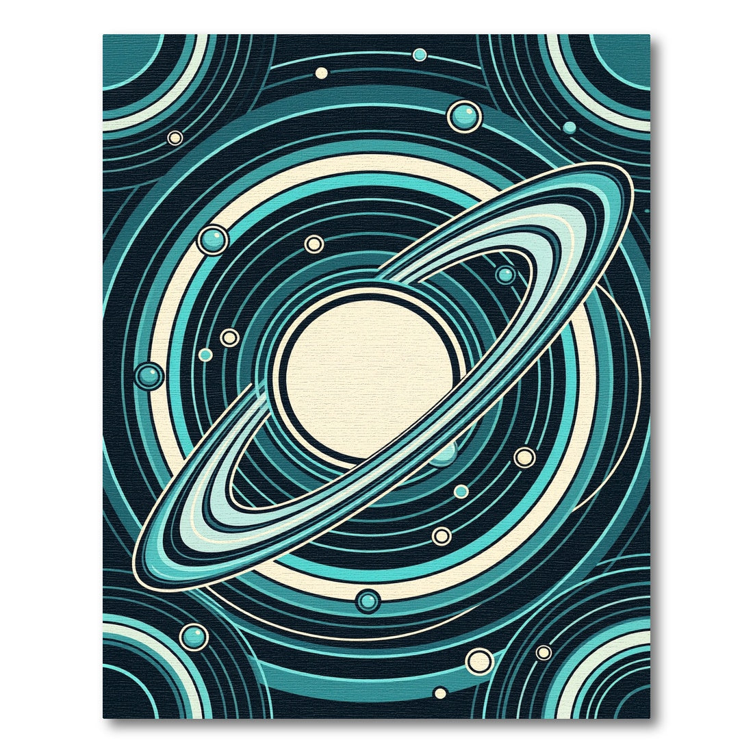 Teal Cosmic Ringed Planet Circular Rug