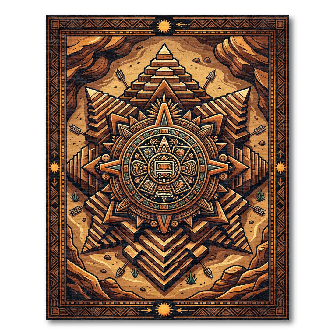 Ancient Solar Aztec Pyramid Bronze Art Rug