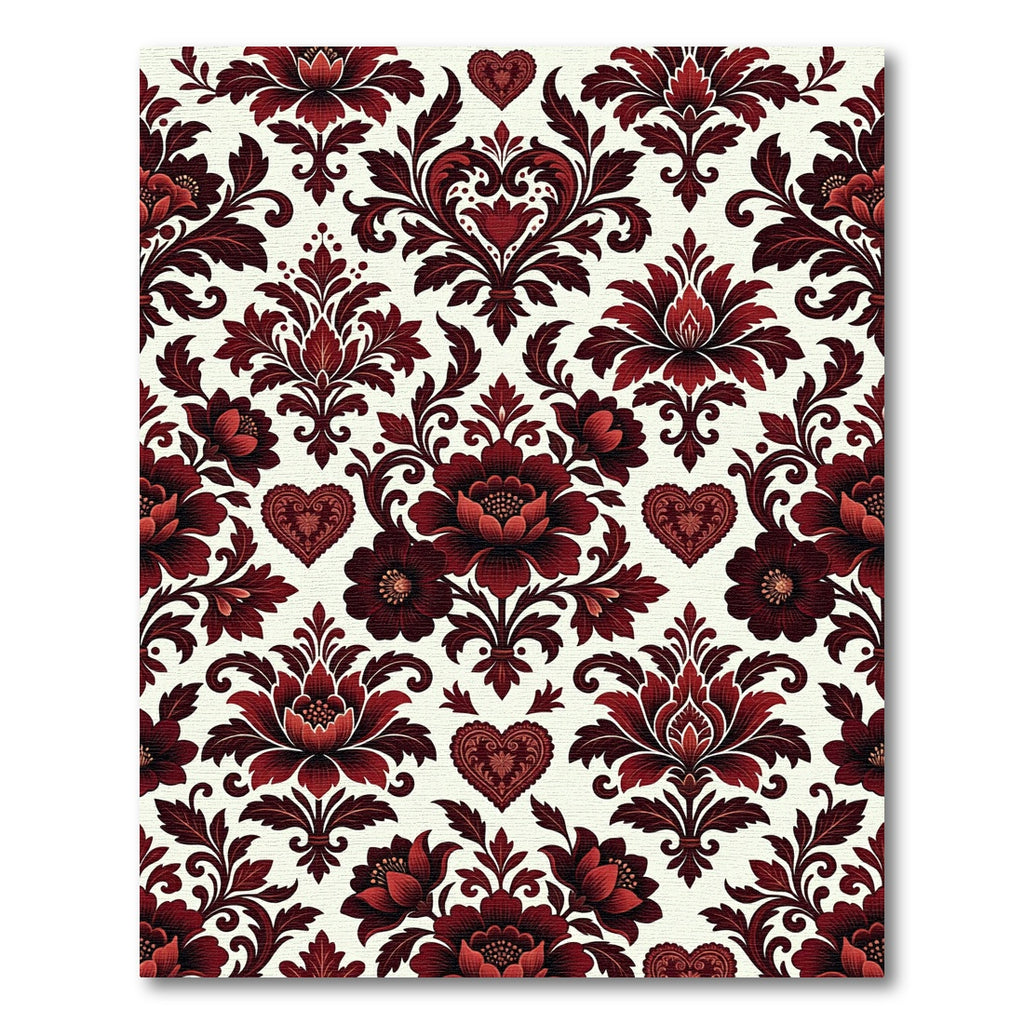 Dark Red Floral Heart Damask Rug